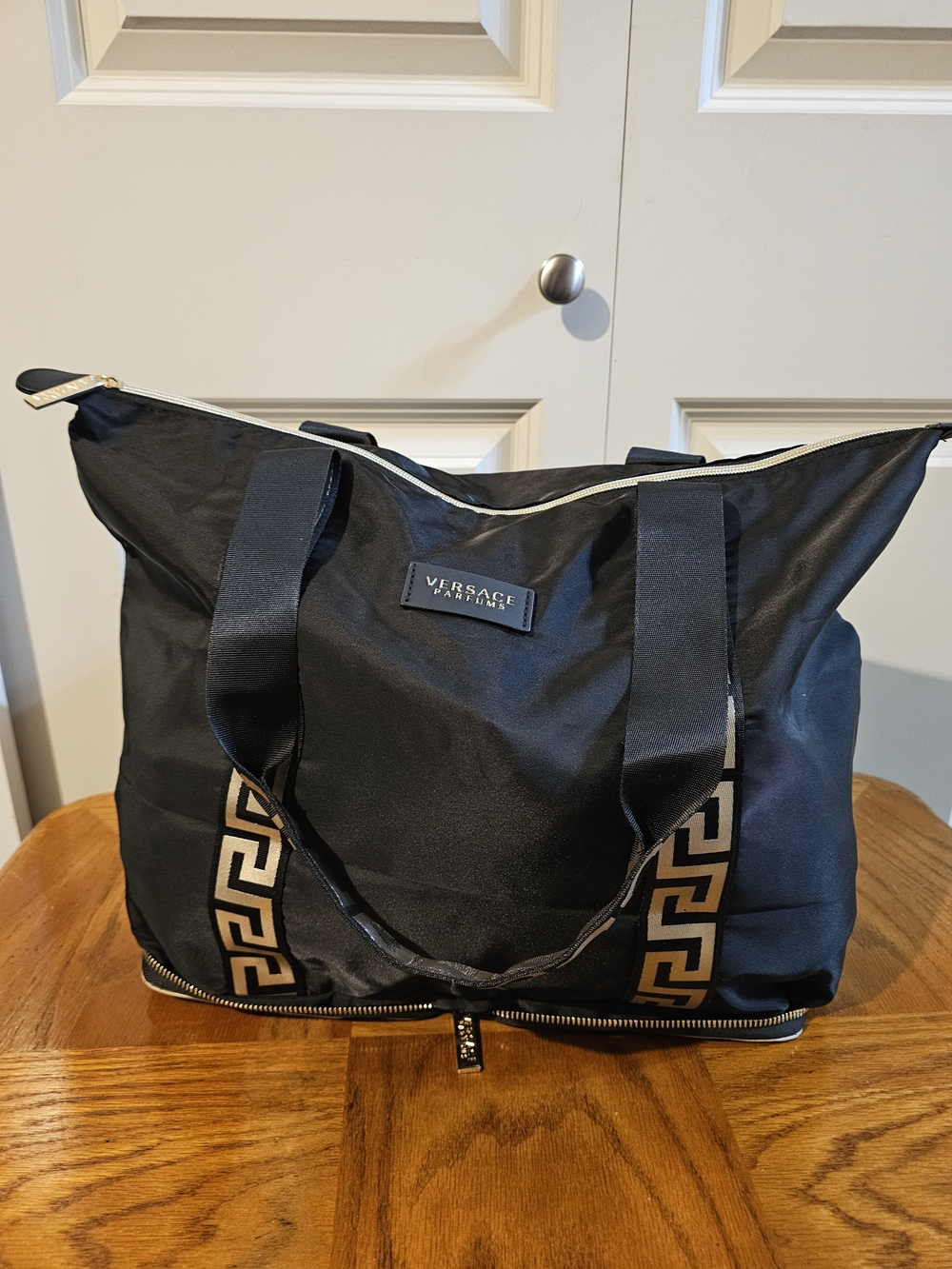 Versace Black Nylon Tote Bag with Gold Accent